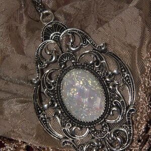 Anniversary wedding birthday White Moonstone FIre Opal Silver Necklace LARGE